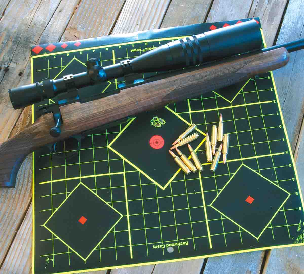Nosler Varmageddon factory loads containing 62-grain flatbase hollowpoint bullets shot well in the Model 48 Heritage .22 Nosler test rifle. Shown is a 100-yard, 10-shot group.